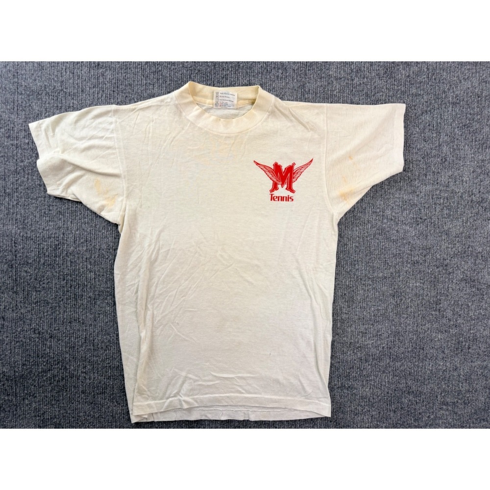 Vintage Hanes T Shirt Small Mens Cream 50/50 Single Stitch Tennis USA Stains